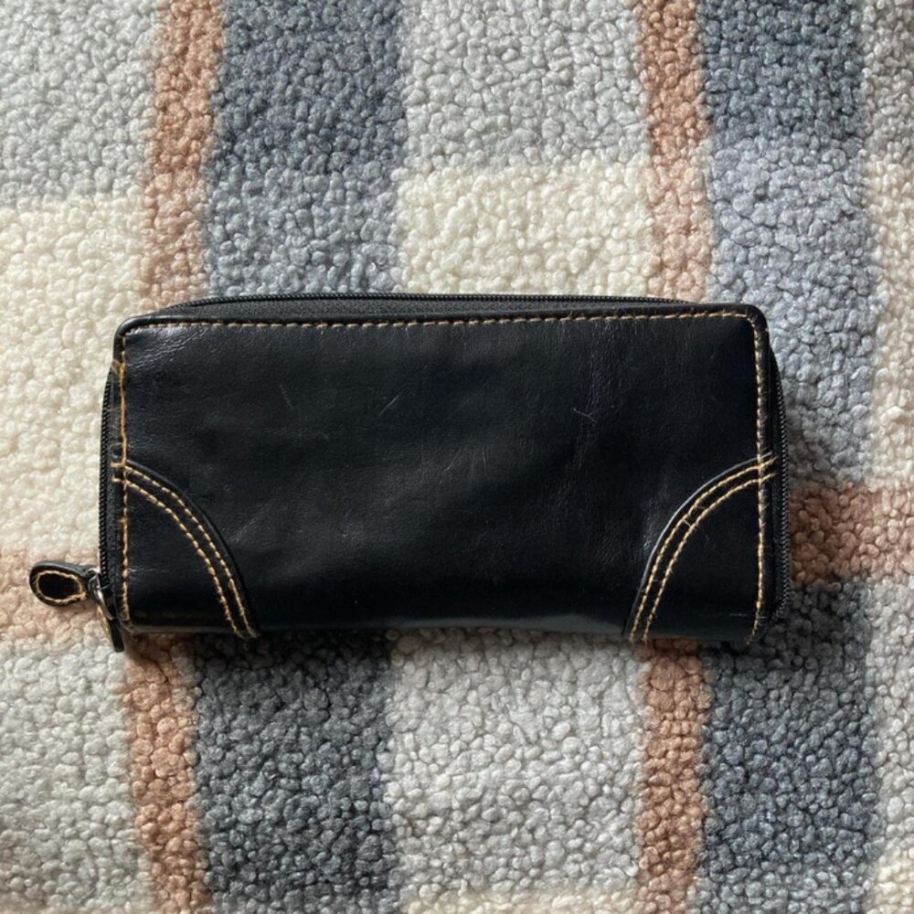 Black faux leather with light brown stitching wallet with loads of storage GUC - Picture 2 of 7